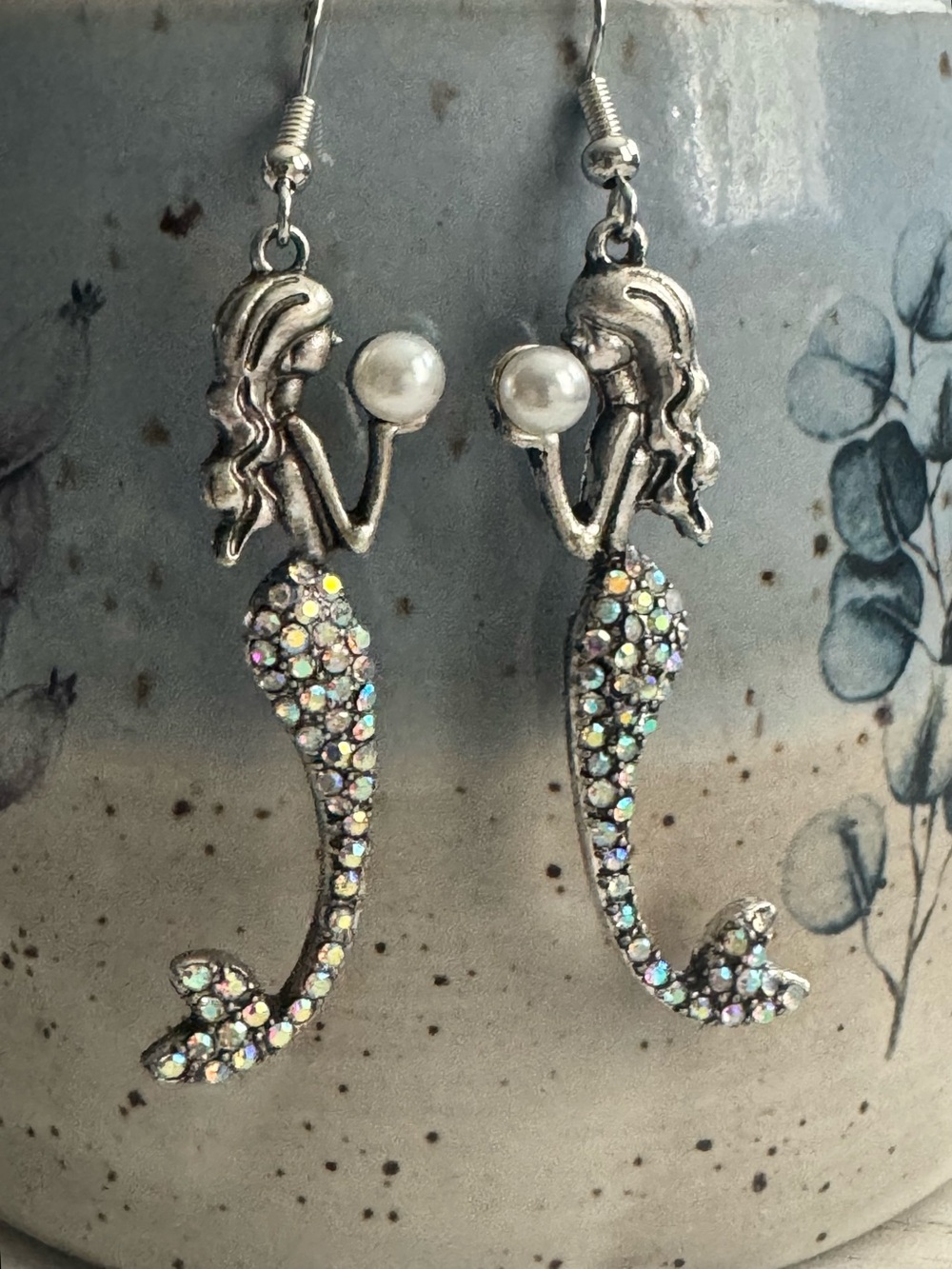 Mermaid Drop Earrings with Iridescent Crystals and Pearl Detail 2.5” long - Picture 8 of 8